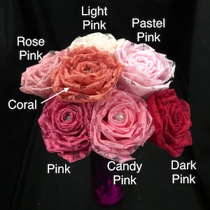 May include: A bouquet of seven lace flowers in shades of pink, coral, and light pink. The flowers are arranged in a vase and labeled with their color names: Rose Pink, Coral, Pink, Candy Pink, Dark Pink, Pastel Pink, and Light Pink.