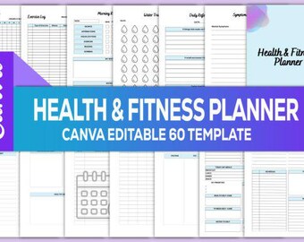 Health & Fitness Planner Canva Template | Editable Wellness Planner | Workout Meal Tracker | Digital Fitness Journal | 60-Page Planner