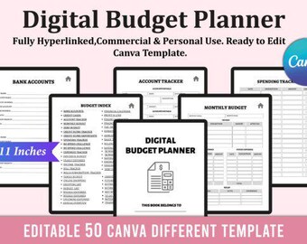 Digital Budget Planner Canva Template | Editable Finance Planner | Monthly Budget & Expense Tracker | Hyperlinked Digital Planner | 50 Pages