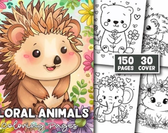 Páginas para colorear de animales bebés con flores / Libro para colorear de animales bebés lindos / Dibujos para colorear de flores y animales para niños /