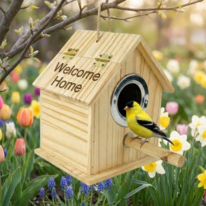 May include: A wooden birdhouse with a round metal entrance and a perch. The birdhouse has the words "Welcome Home" engraved on the front. A yellow bird with black wings is perched on the wooden dowel. The birdhouse is hanging from a tree branch.