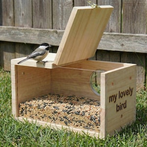 Puede incluir: Un comedero para pájaros de madera con tapa abatible y ventana transparente. El comedero está lleno de semillas para pájaros y tiene las palabras "my lovely bird" grabadas en el lateral. Un pequeño pájaro se posa en el borde.