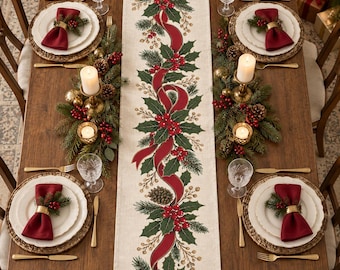 Christmas Tablecloth, Red Ribbon Holly Berry and Evergreen Holiday Dining Decor, Vintage European Christmas Table Cover