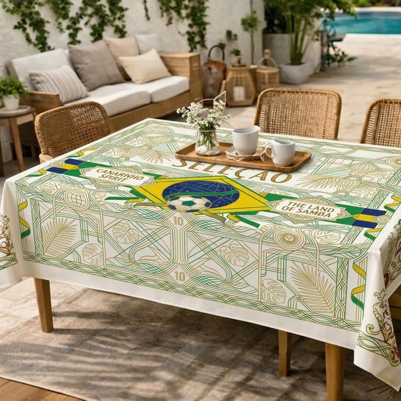 May include: A rectangular tablecloth with a Brazilian theme. The design features the Brazilian flag, a soccer ball, and the words "SELECAO", "CANARINHO SPIRIT", and "THE LAND OF SAMBA". The tablecloth has a white background with green and gold accents.