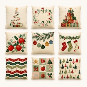 May include: A set of nine square throw pillows with off-white fabric covers, each featuring distinct Christmas-themed illustrations including snowmen, wrapped gifts, red apples, pine branches, ornaments, stockings, and patterned trees.