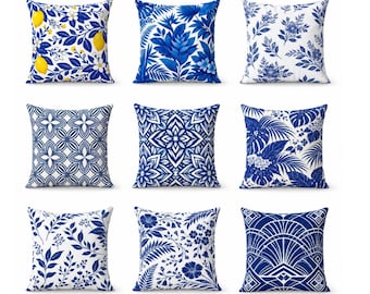 Fundas de almohada azules de 14/16/18/20/24 pulgadas, funda de almohada con estampado a doble cara, fundas de cojín cuadradas, funda de cojín botánica costera,