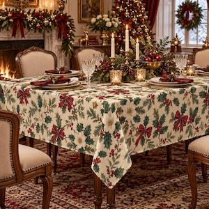 May include: A rectangular tablecloth featuring a cream-colored background with a repeating pattern of green holly leaves, red berries, white flowers, and red bows. The fabric drapes over a dining table set with plates, napkins, and candles.