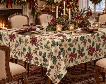 May include: A rectangular tablecloth featuring a cream-colored background with a repeating pattern of green holly leaves, red berries, white flowers, and red bows. The fabric drapes over a dining table set with plates, napkins, and candles.