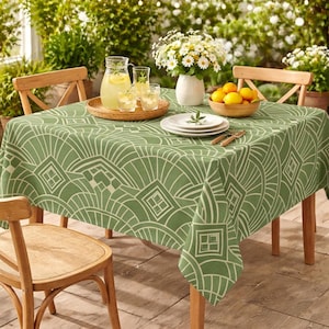 Grön art déco-duk, geometriskt solfjädermönster, elegant matduk, rund rektangulär duk, anpassad storlek