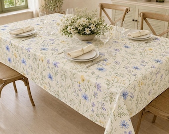 Blue Wildflower Tablecloth Floral Botanical Table Cover Vintage Farmhouse Dining Decor Cottage Kitchen Wedding Party Table Linen