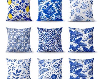 Blue Pillow Covers 14/16/18/20/24 inch, Double-Sided Printing Pillowcase, Square Cushion Covers, Coastal Botanical Cushion Cover,