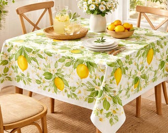Green Lemon Floral Tablecloth, Citrus Table Cover, Mediterranean Dining Tablecloth, Round Rectangle Tablecloth, Custom Size