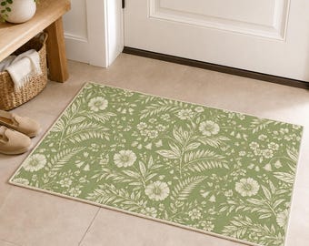 Alfombrilla de baño floral verde salvia, alfombra botánica vintage antideslizante, alfombrilla de terciopelo suave de barro de diatomeas cristalino, decoración cottagecore, 30x50 40x60 50 x 80 cm