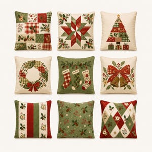 May include: A set of nine square throw pillows featuring various holiday-themed prints including patchwork patterns, a star design, a Christmas tree, a wreath, hanging stockings, bells with a bow, vertical stripes, holly, and a diamond pattern.