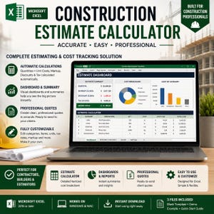 May include: A Microsoft Excel construction estimate calculator template displayed on a laptop screen. The interface features an estimate dashboard with a pie chart, a cost breakdown bar graph, and a detailed itemised table for labour and materials.