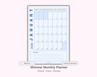 Calendario de pared mensual 2026 imprimible A4 / PDF minimalista pastel / Descarga instantánea