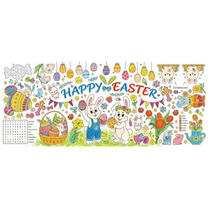 May include: An Easter-themed illustration with bunnies, decorated eggs, and the words "Happy Easter." The image includes a basket of eggs, flowers, and a word search puzzle. The colour palette includes pastels and bright hues.