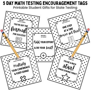Puede incluir: Un conjunto de cinco etiquetas de ánimo en blanco y negro para exámenes de matemáticas, con bordes de lunares y frases motivadoras como "¡Tienes la fórmula para el éxito!" y "¡Eres una estrella de las matemáticas!" Se incluyen dos lápices.