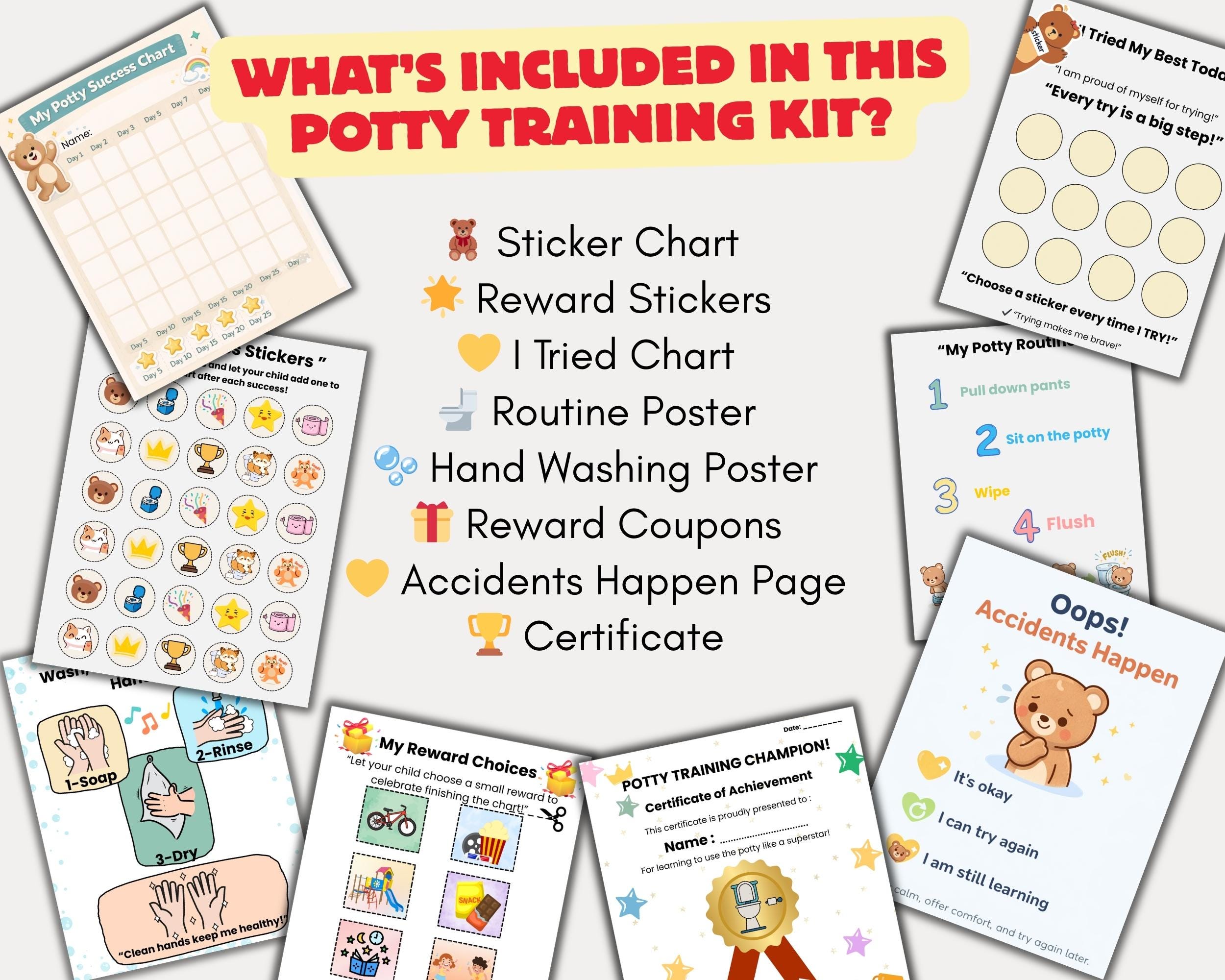 Potty Training Sticker Chart Printable for Toddlers With Rewards and ...