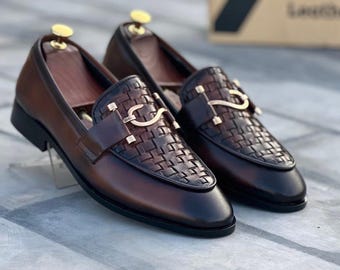 Handmade Brown Leather Woven Loafers for Men |Italian Style Shoes
