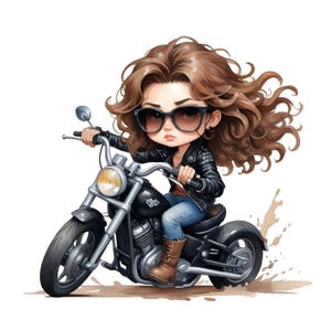 Puede incluir: Ilustración de un personaje de dibujos animados montando una motocicleta negra. El personaje lleva una chaqueta de cuero negra, gafas de sol y botas marrones. La moto tiene un faro redondo y un asiento negro. Cabello castaño al viento.