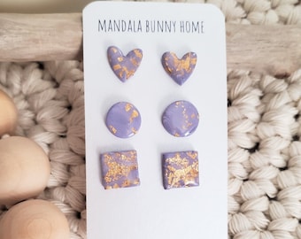 Resin and Polymer Clay Earrings -- Purple Gold Leaf Studs -- OOAK -- Stainless Steel -- Boho Jewelry and Gifts