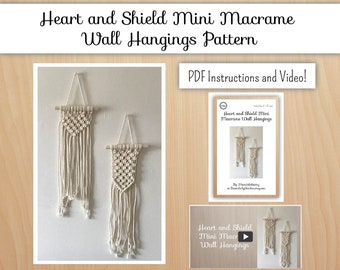 Set of 2 Beginner Macrame Wall Hanging Pattern, PDF and Video tutorial, Heart and Shield, Wall Tapestry, Instructional Video Class