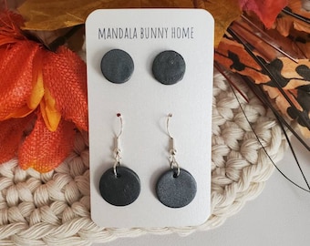 Graphite Black Polymer Clay Earrings -- 2 Pairs of Minimalist Earrings -- Stainless Steel -- Studs and Drop Earrings