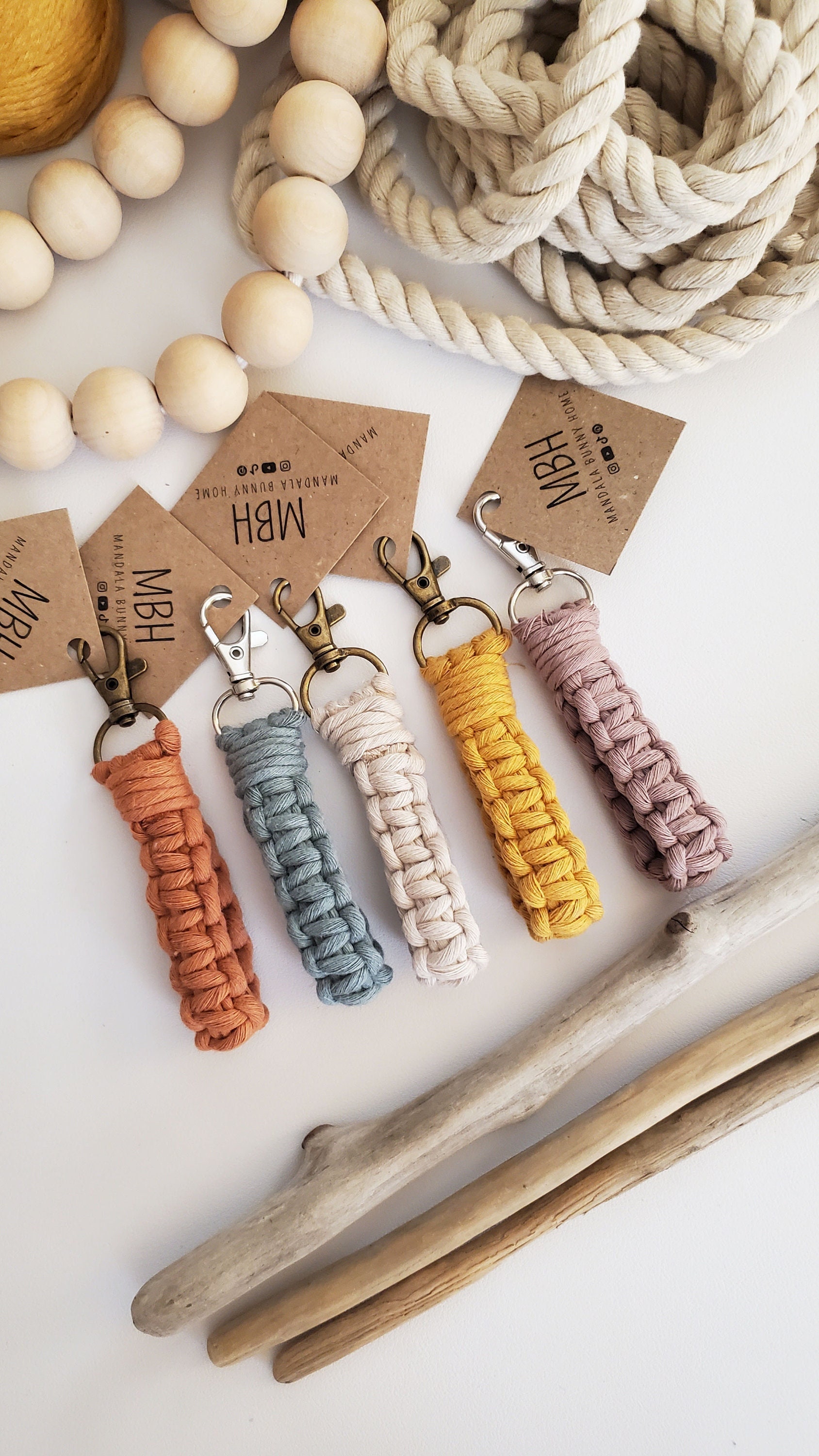 Mini Macrame Fingerlet Keychain with Lobster Claw Clasp Flora Collection Boho Gift Recycled Cord Mini Wristlet Key Fob