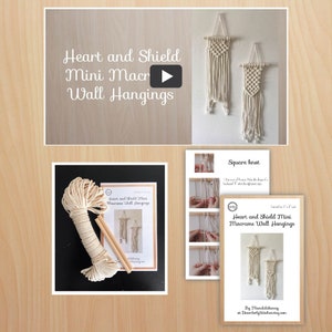 Set of 2 Mini Macrame Kit Book and Video tutorial Beginner Wall Hangings Heart and Shield Boho Decor image 3