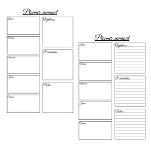 Puede incluir: Dos plantillas de planificador semanal blancas con texto negro. Cada planificador tiene secciones para los días de la semana, objetivos, prioridades y notas. El texto "Planner semanal" está en la parte superior de cada planificador.