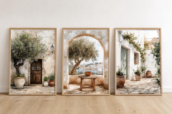 Mediterranean Print Wall Art Set of 3, Watercolor Spanish Village Decor, Andalusia village