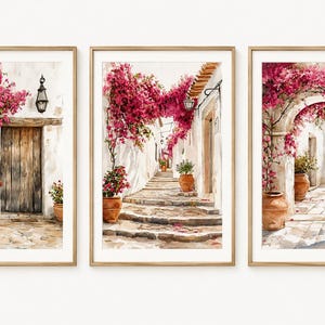 Mediterranean Printable, Set of 3, Pink Bougainvillea Spain, Watercolor Andalusian Decor, Spanish Village Poster