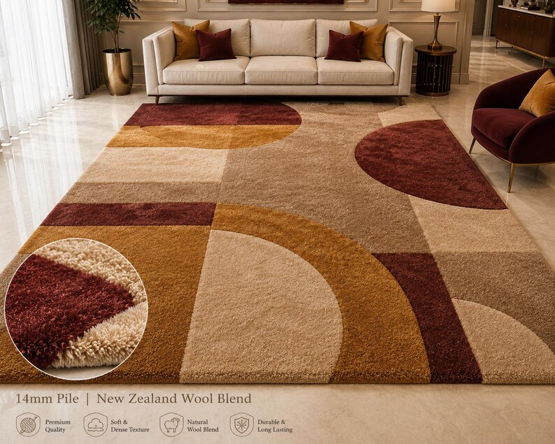 Modern Abstract Handmade Tufted Wool Blend Area Rug, Burgundy Mustard ...