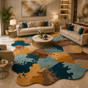 Luxury Handmade Loop Pile Abstract Irregular Area Rug, Hand Tufted Wool Blend Carpet, Modern Organic Shape Rug for Living Room, Loop Pi