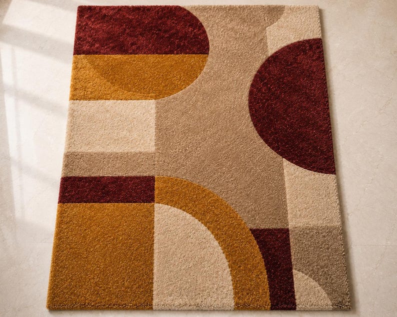 Modern Abstract Handmade Tufted Wool Blend Area Rug, Burgundy Mustard ...