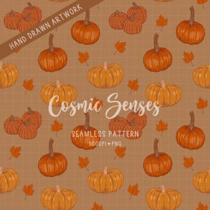 Pode incluir: Um padrão digital contínuo com abóboras cor de laranja e pequenas folhas cor de laranja dispostas sobre um fundo de grelha castanho. O texto Cosmic Senses 300DPI PNG está centrado no meio da imagem, sobreposto ao design de abóboras e folhas.