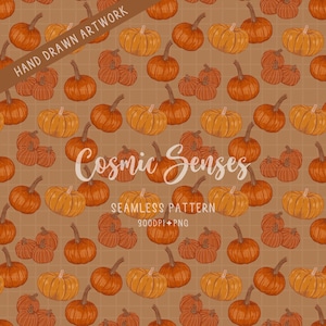Pode incluir: Um padrão contínuo com abóboras cor de laranja desenhadas à mão sobre um fundo de grelha castanho. A imagem inclui o texto "HAND DRAWN ARTWORK" no canto superior esquerdo e "Cosmic Senses SEAMLESS PATTERN 300DPI PNG" no centro.