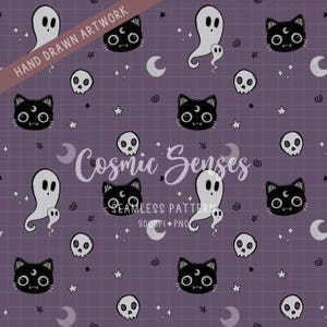 Pode incluir: Um padrão digital contínuo sobre um fundo de grade roxo escuro com ilustrações desenhadas à mão de gatos pretos com luas crescentes na testa, fantasmas brancos, caveiras, estrelas e luas. Texto: HAND DRAWN ARTWORK e Cosmic Senses.