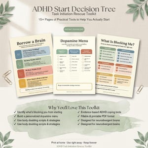 May include: A digital ADHD Start Decision Tree Task Initiation Rescue Toolkit featuring three printable pages titled Borrow a Brain, Dopamine Menu, and What Is Blocking Me, with sections for body doubling, reward lists, and obstacle identification.