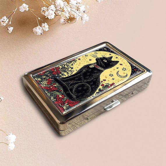 Magic Black Cat Vintage Metal Cigarette Case Art Storage Box Wallet  Business Card Holder