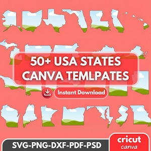 May include: A collection of illustrated state outlines with green and blue landscape details, arranged on a coral background. The image includes text that reads "50+ USA STATES CANVA TEMPLATES" and "Instant Download". Additional text at the bottom indicates file formats.