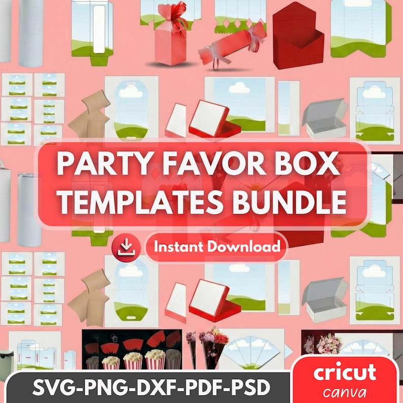 May include: A collection of party favor box templates in various shapes and sizes, including gift boxes and containers. The image features the text "PARTY FAVOR BOX TEMPLATES BUNDLE" and "Instant Download". The templates are available in SVG, PNG, DXF, PDF, and PSD formats.