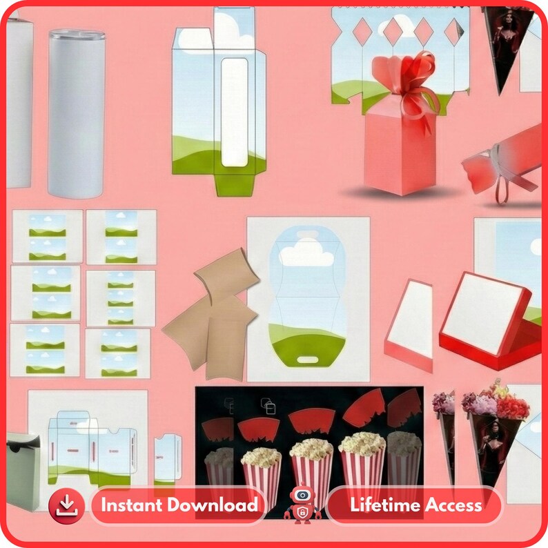 May include: A collection of digital product templates, including gift boxes, popcorn containers, and a tumbler. The designs feature landscape illustrations and are available for instant download. The image also includes the text "Lifetime Access".