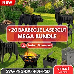 May include: A collection of black laser-cut metal barbecue designs, including animal shapes and fire pits. The image features the text "+20 BARBECUE LASERCUT MEGA BUNDLE" and "Instant Download". The designs are suitable for Cricut and Canva.