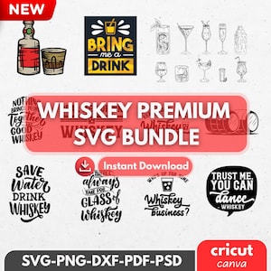 May include: A digital SVG bundle featuring whiskey-themed designs. Includes illustrations of cocktails, whiskey bottles, and text graphics such as "Bring Me a Drink" and "Whiskey Premium SVG Bundle". Ideal for crafting projects.