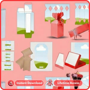 May include: A collection of paper craft templates, including gift boxes, a cracker, and a decorative box, all in various stages of assembly. The designs feature landscape scenes with green fields and blue skies. The words "Instant Download" and "Lifetime Access" are visible.
