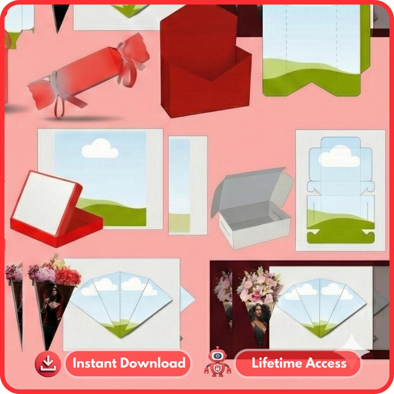 May include: A collection of various red and white paper craft templates, including boxes, a cracker, and fan-shaped cards. The image also features the text "Instant Download" and "Lifetime Access".