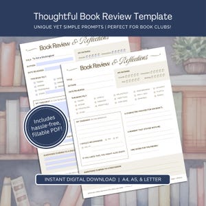 Könnte beinhalten: Eine digitale Buchbesprechungsvorlage mit dem Text "Thoughtful Book Review Template". Die Vorlage enthält Abschnitte für Titel, Autor, Datum der Rezension und Bewertungen. Sie enthält auch Aufforderungen für Erkenntnisse und Empfehlungen. Sofortiger digitaler Download.