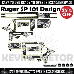 Op de afbeelding: Zwart-wit bloemmotief voor een Ruger SP 101. Het ontwerp bevat de tekst "Ruger SP 101 Design" en "25% OFF". De afbeelding bevat ook de tekst "EASY TO USE READY TO OPEN IN EZCAD/INKSPACE" en pictogrammen voor bestandstypen.